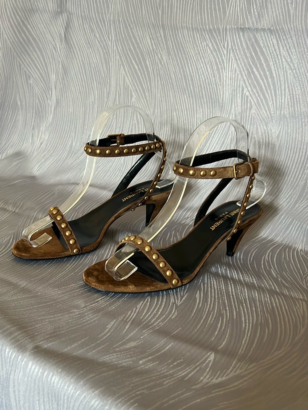 Saint Laurent Brown Suede Studded Ankle-Strap Heels